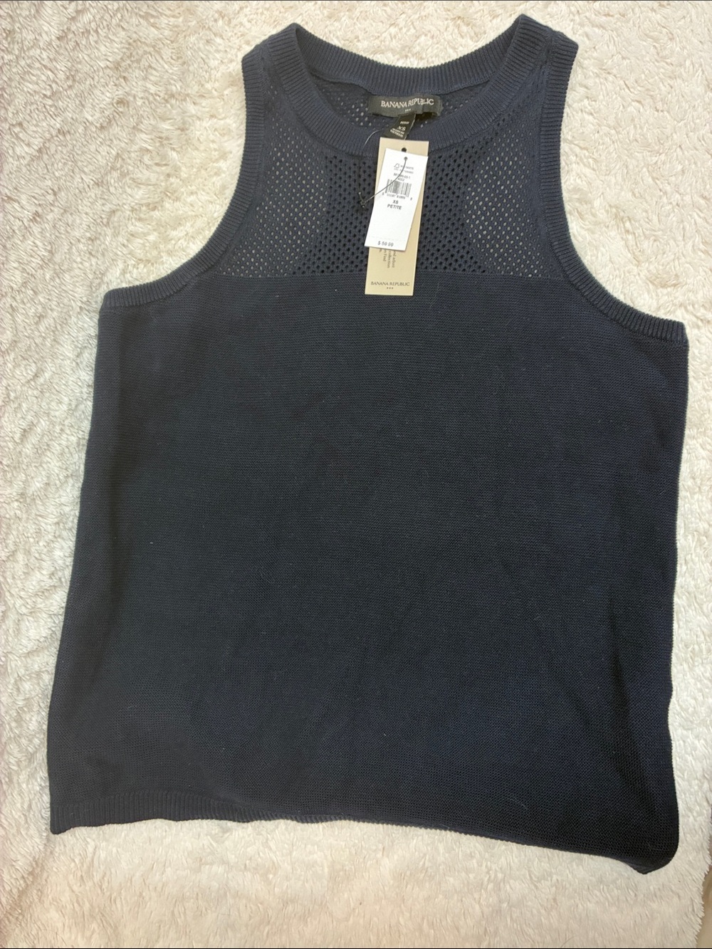 Banana Republic Navy Blue Sleeveless Knit Shell with Mesh Yoke